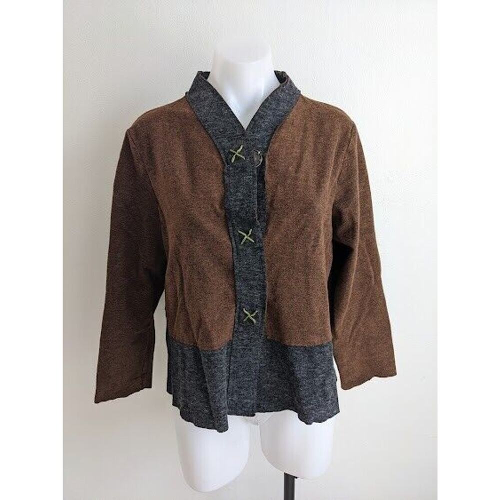Habitat Size Medium Button Up Jacket Shacket Brown Grey V Neck Long Sleeves - Picture 2 of 5